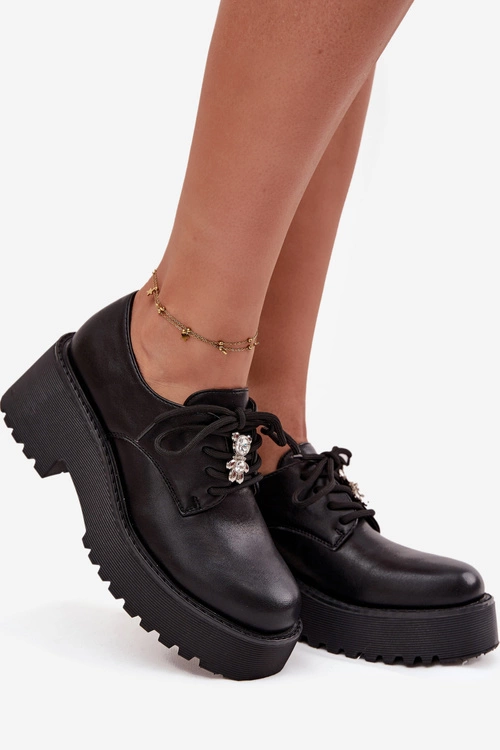 Półbuty Damskie Z Przypinką Eko Skórzane Czarne Laurea