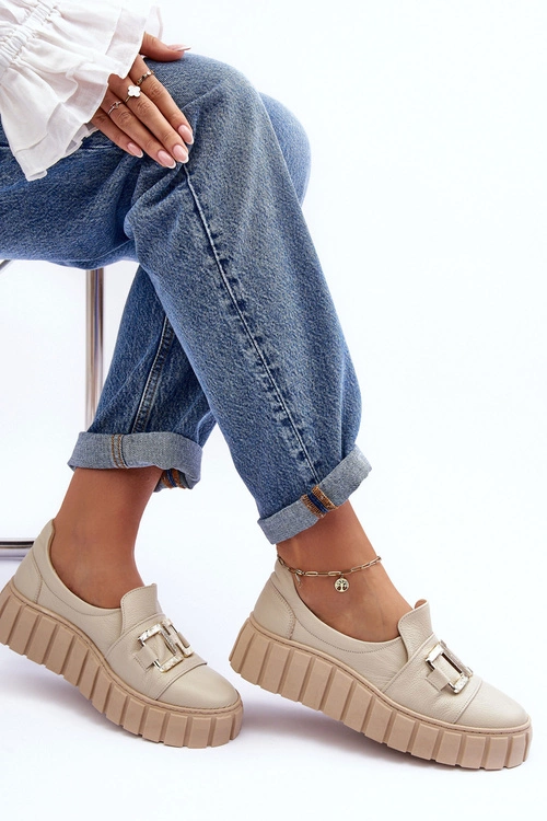 Skórzane Półbuty Damskie Na Platformie Beżowe Lewski 3398