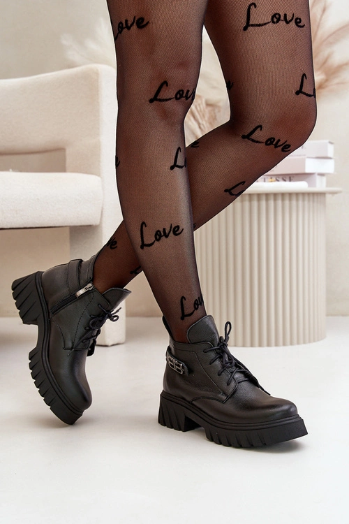 Zazoo 60483 Damskie Skórzane Botki Z Niską Cholewką Ocieplane Czarne