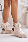 Botki Damskie Na Platformie Z Ozdobnym Sznurowaniem Panterka Jasnobeżowe Edidda