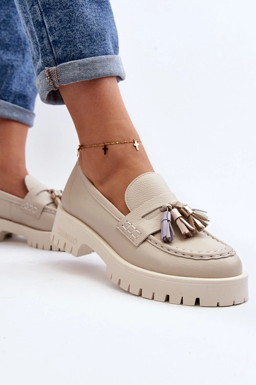 Damskie Skórzane Mokasyny Z Frędzlami CheBello 3096 Beżowe