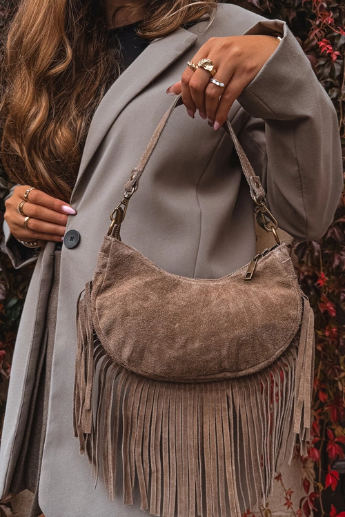 Skórzana Zamszowa Torebka Z Frędzlami Ciemnobeżowa Aurelisse