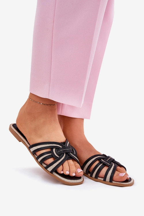 Klapki Damskie Płaskie Z Przeplatającymi Się Paskami Czarne Acimine