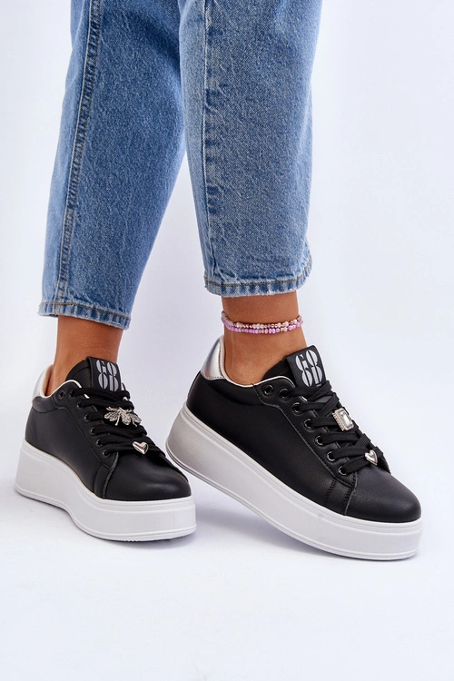 Sneakersy Damskie Na Platformie Z Ozdobami Czarne Herbisa