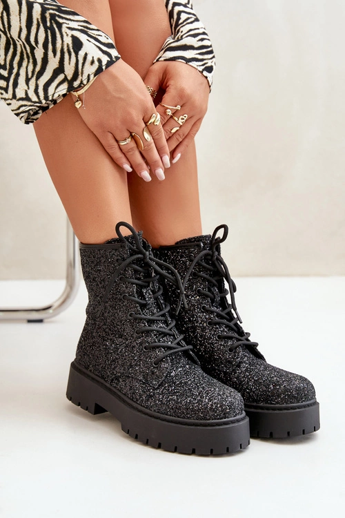 Ocieplane Botki Workery Damskie Ozdobione Cekinami Czarne Liatheine