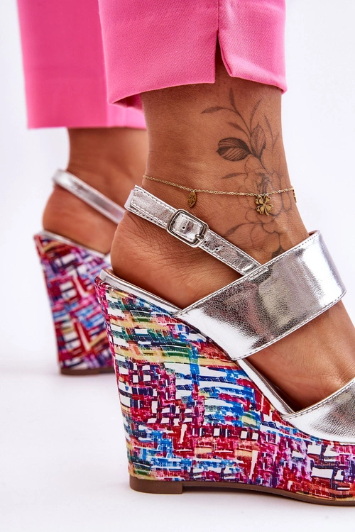 Damskie Sandałki Na Koturnie Srebrne Calderia