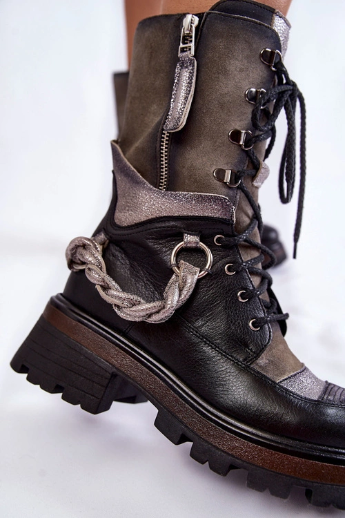 Skórzane Wysokie Botki Workery Maciejka 05586-01 Czarno-Szare