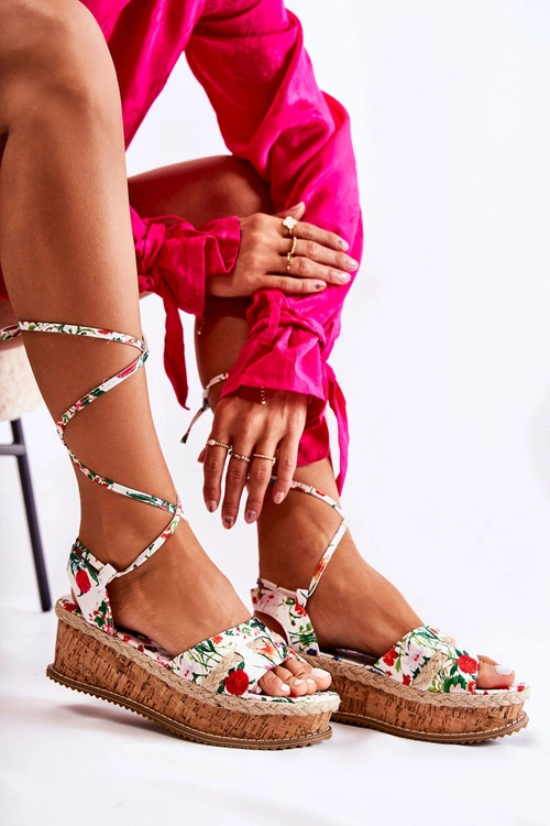 Damskie Wiązane Sandałki Espadryle W Kwiaty Białe Lamour