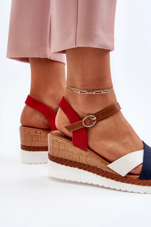 Sandały Na Koturnie Z Paskami Biało-Granatowe Kioda