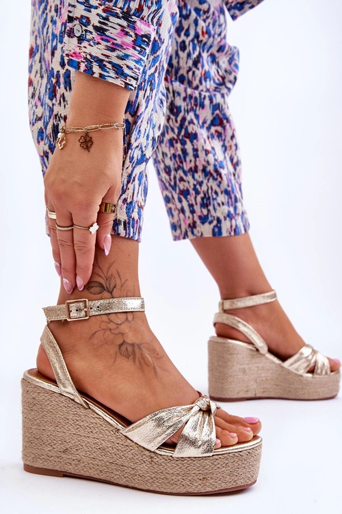 Sandały Damskie Na Koturnie Złote Kendall