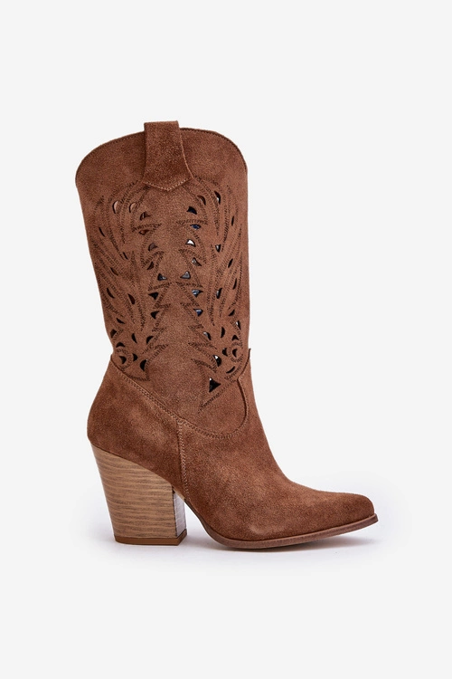 Ażurowe Kozaki Do Połowy Łydki Na Słupku Zamszowe Lewski 3609 Brązowe