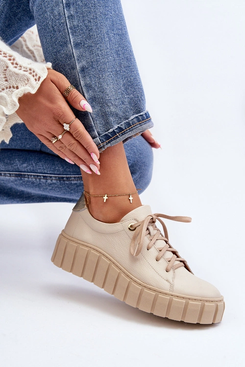 Zazoo 2919 Damskie Skórzane Półbuty Na Grubej Podeszwie Beżowe