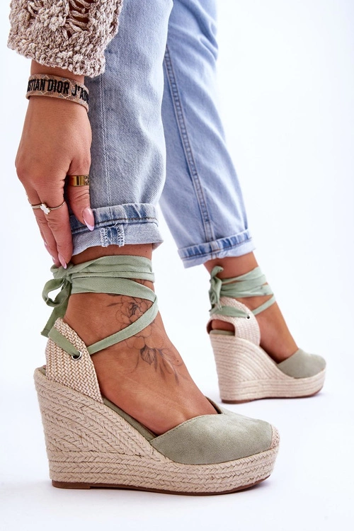 Damskie Wiązane Sandały Na Koturnie Zielone Bethany