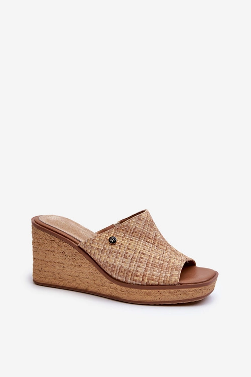 Klapki Damskie Na Koturnie Sergio Leone KL213 Beżowe