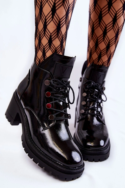 Lakierowane Ocieplane Botki Sznurowane Czarne Ragnhild