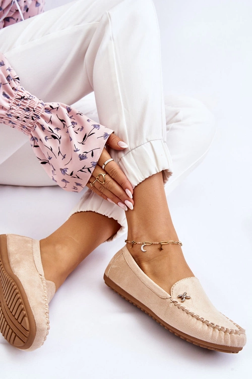 Damskie Zamszowe Mokasyny Z Ozdobą Beżowe Leah