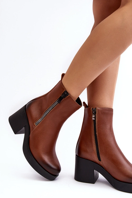 Botki Skórzane Na Masywnym Obcasie Z Suwakami Brązowe Lemar Littosa