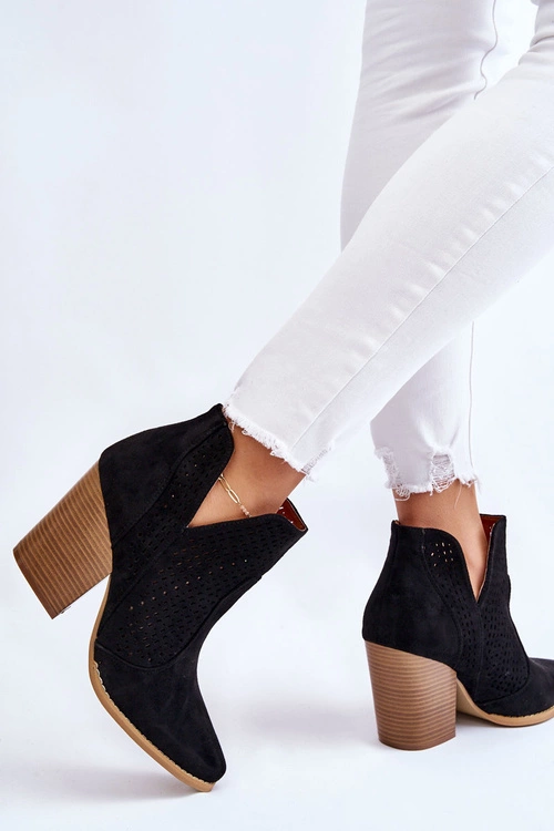 Botki Damskie Na Słupku Zamszowe Ażurowe Czarne Shades