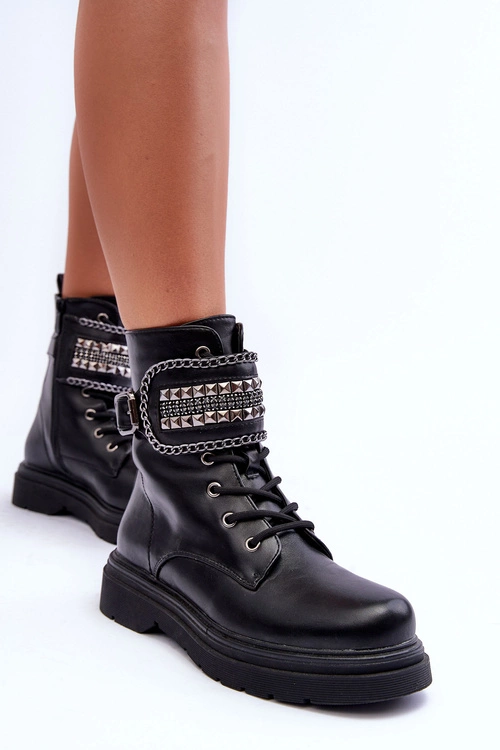 Skórzane Botki Workery Zdobione Ćwiekami Czarne Kongei
