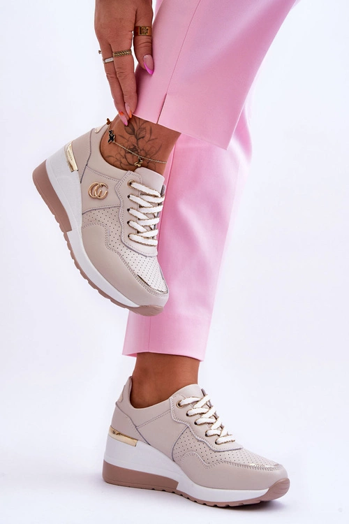 Damskie Skórzane Buty Sportowe Na Koturnie Beżowe Rebeca