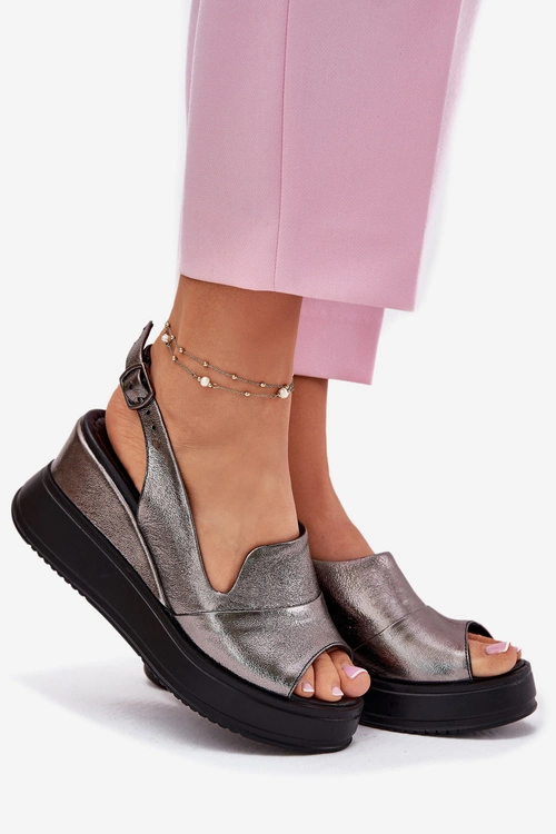 Skórzane Damskie Sandały Na Koturnie Artiker 54C0402 Grafitowe