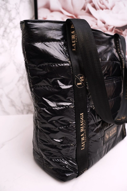 Duża Torba Shopper LAURA BIAGGI Czarna Złote Logo
