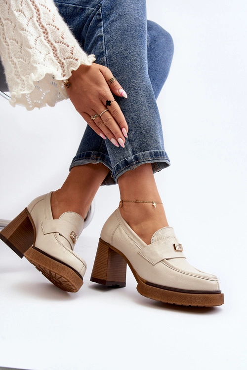 Zazoo 20169 Skórzane Półbuty Na Obcasie Beżowe