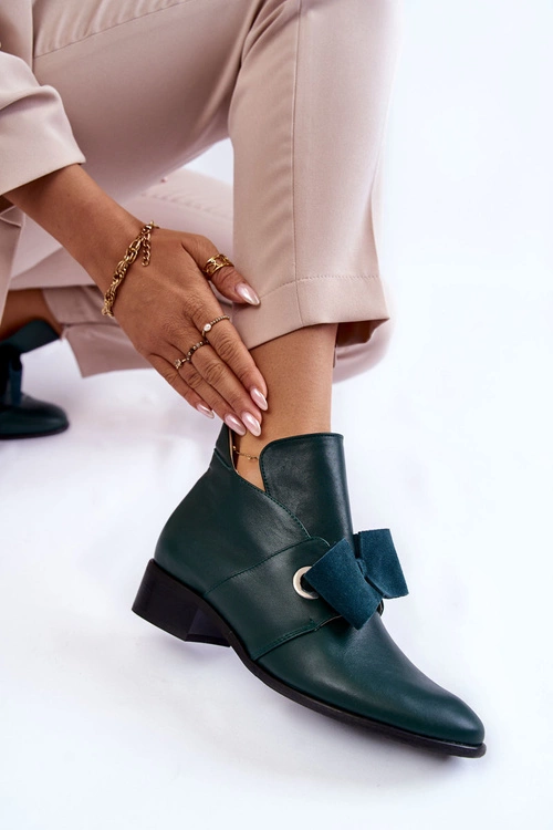 Skórzane Półbuty Z Zamszową Kokardką Zielone Thalia