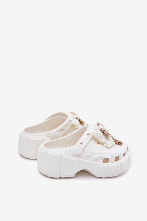 Klapki Dziecięce Dziewczęce Piankowe Z Kokardką I Ozdobami Białe Selvana