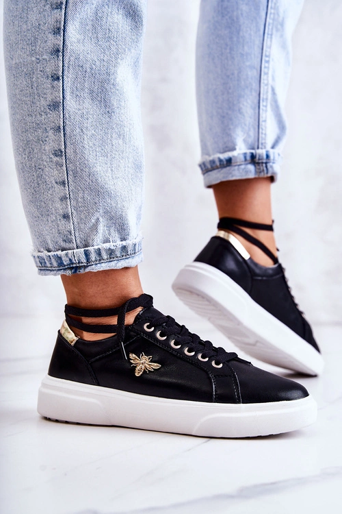 Skórzane Buty Sportowe Z Ozdobą Czarne Calerie