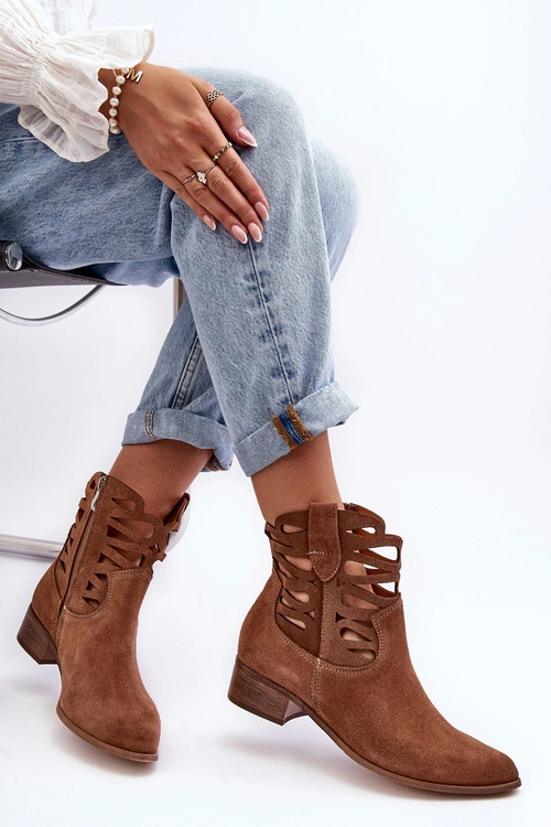 Ażurowe Damskie Skórzane Botki Brązowe Lewski 3329