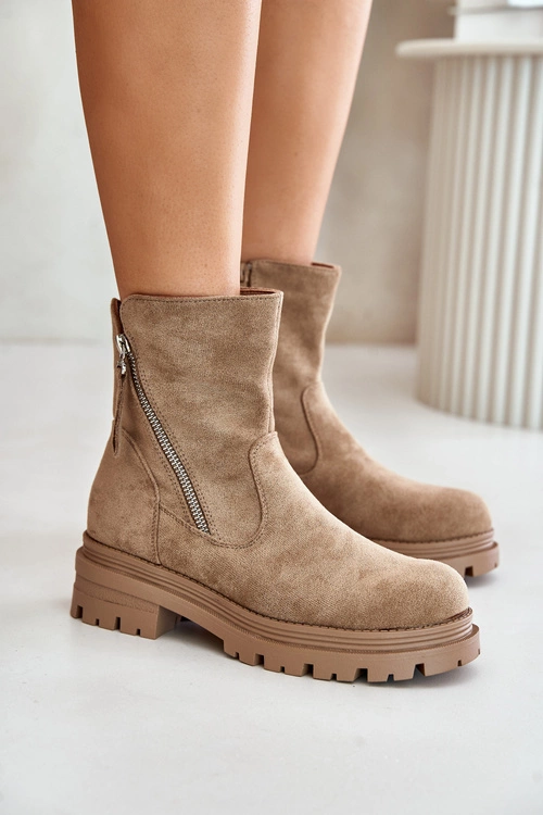 Botki Ocieplane Na Płaskim Obcasie Z Eko Zamszu Beżowe Reloma