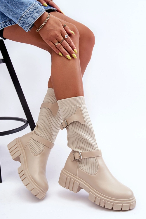 Damskie Kozaki Ze Skarpetą Beżowe Abroze