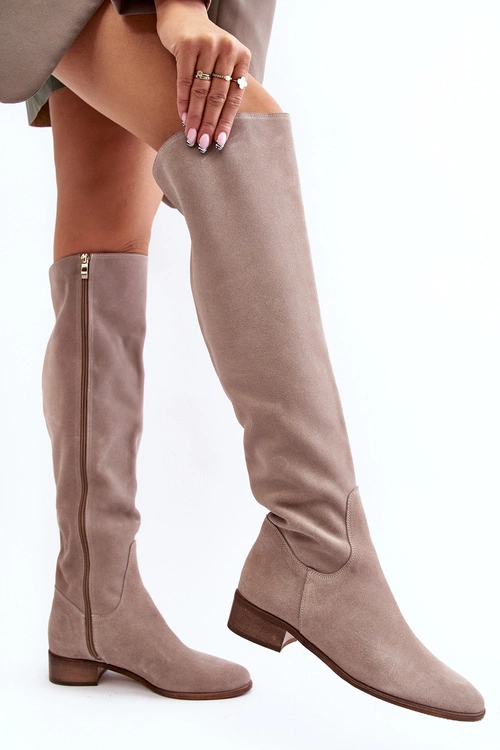 Damskie Zamszowe Kozaki Za Kolano Na Płaskim Obcasie Beżowe Hewanella