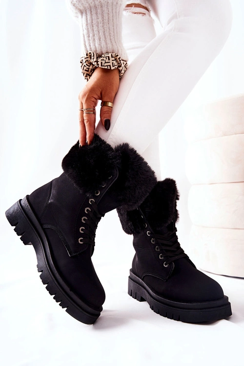 Skórzane Ocieplane Botki Z Futerkiem Czarne Farley