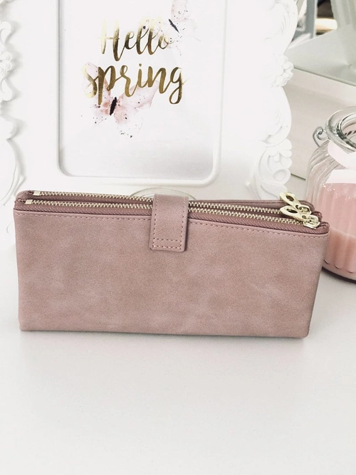 Duży Damski Portfel Złote Okucia Pudrowy Róż