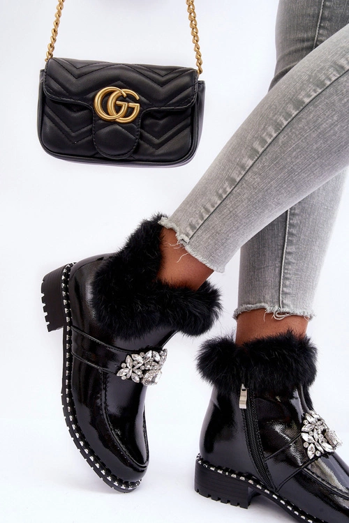 Lakierowane Botki Z Ozdobą I Futerkiem S.Barski MR870-73 Czarne