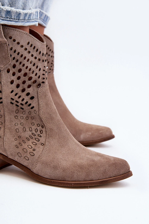 Zazoo 3305 Damskie Ażurowe Botki Kowbojki Na Niskim Obcasie Zamszowe Cappucino