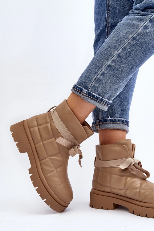 Damskie Botki Z Pikowaniem I Wiązaniem Khaki Bizzanti