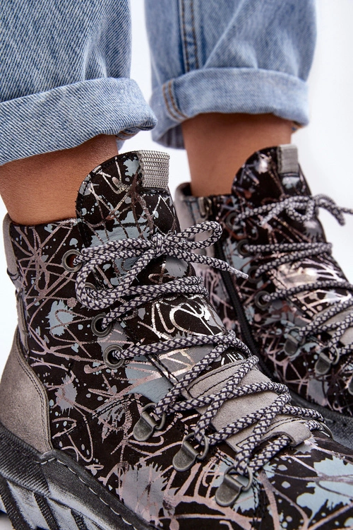 Skórzane Damskie Ocieplane Botki Maciejka 06146-03 Szare