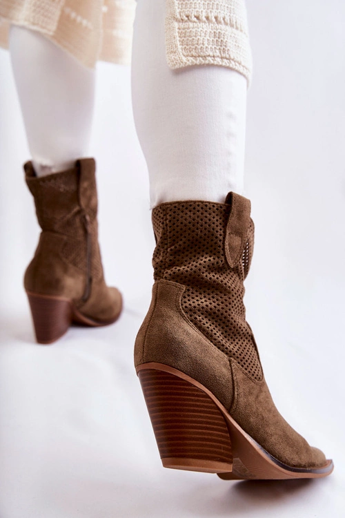 Damskie Zamszowe Ażurowe Botki Kowbojki Khaki Eleonore