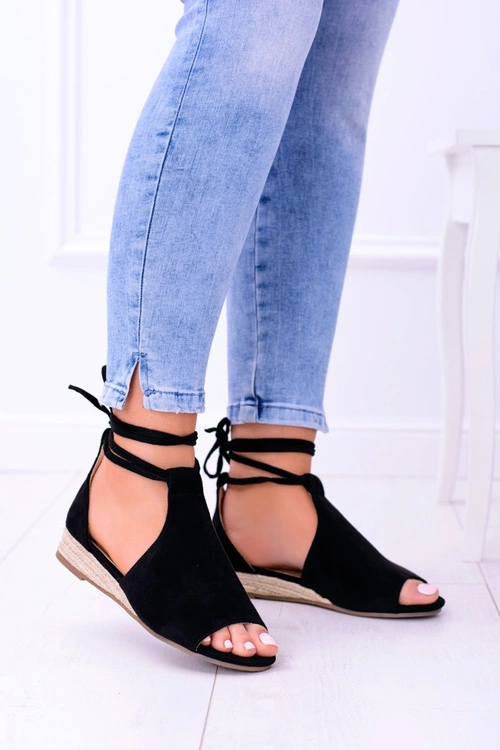 Czarne Zamszowe Sandały na Lekkim koturnie Espanoso