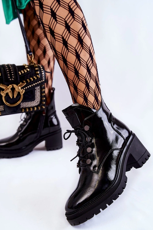 Lakierowane Ocieplane Botki Sznurowane Czarne Ragnhild