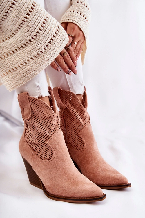 Damskie Zamszowe Ażurowe Botki Kowbojki Różowe Eleonore