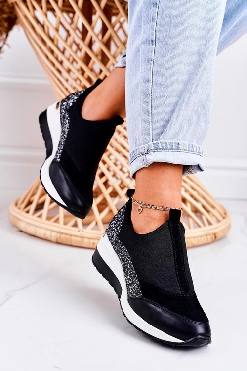 Damskie Skórzane Sneakersy Na Koturnie Czarne Srebrne Frances