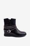 Zdobione Skórzane Botki Damskie Na Płaskim Obcasie Czarne Adkrana