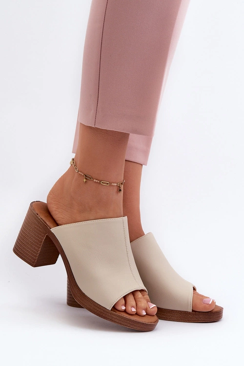 Eleganckie Lekkie Klapki Damskie Na Obcasie Beżowe Varnila