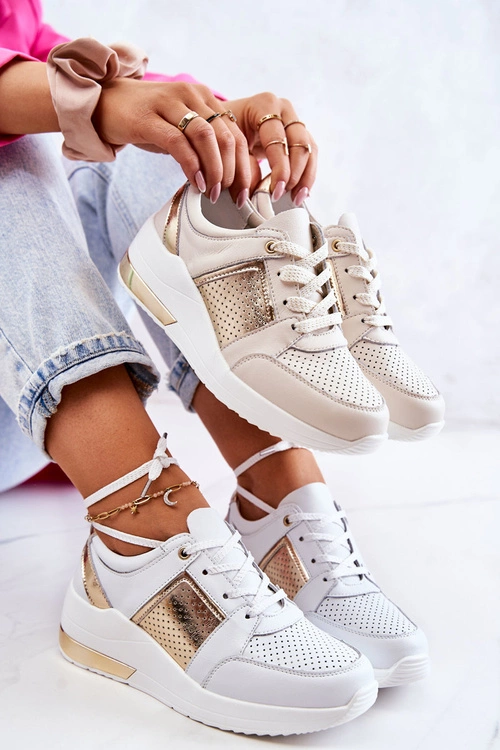 Damskie Skórzane Buty Sportowe Na Koturnie Beżowo-Białe Larson