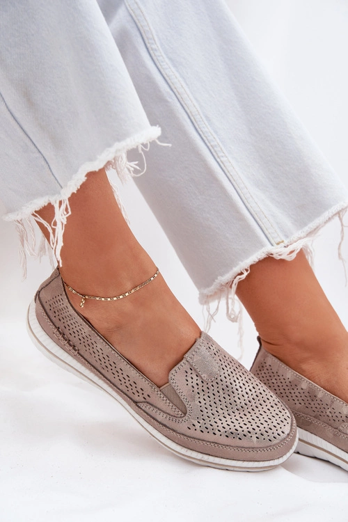 Zamszowe Ażurowe Półbuty Mokasyny Damskie Złote Redileine