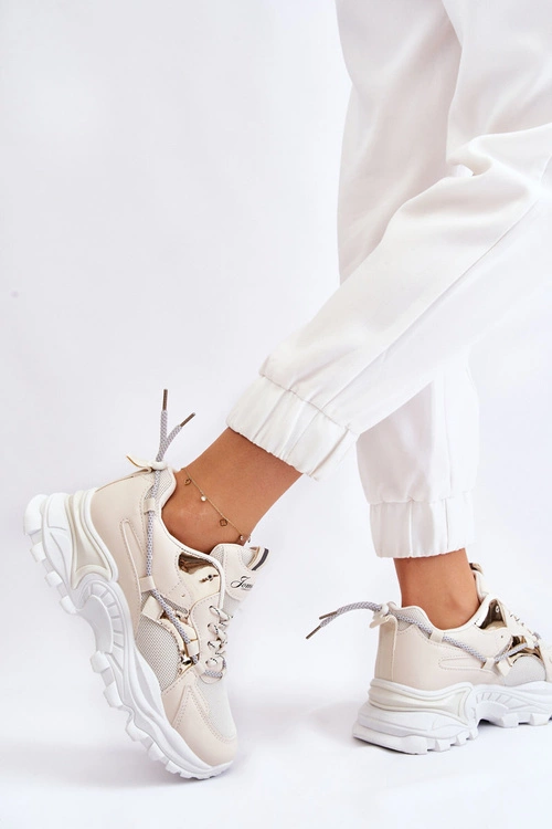 Damskie Buty Sportowe Sznurowane Na Platformie Beżowe Minea